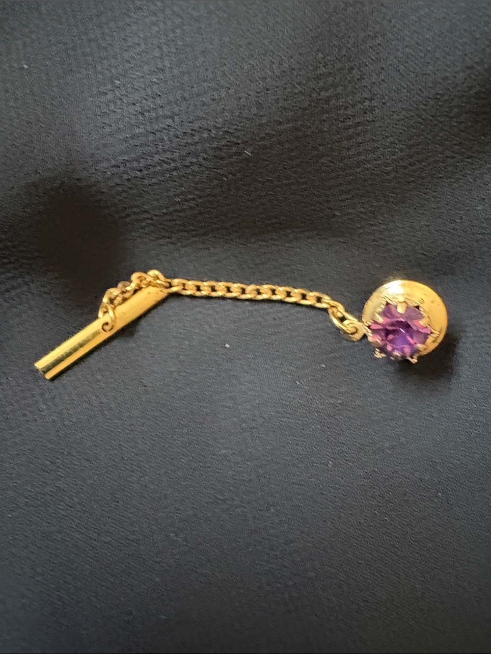 Gold Tone Tie Pin with Purple Gem Accent